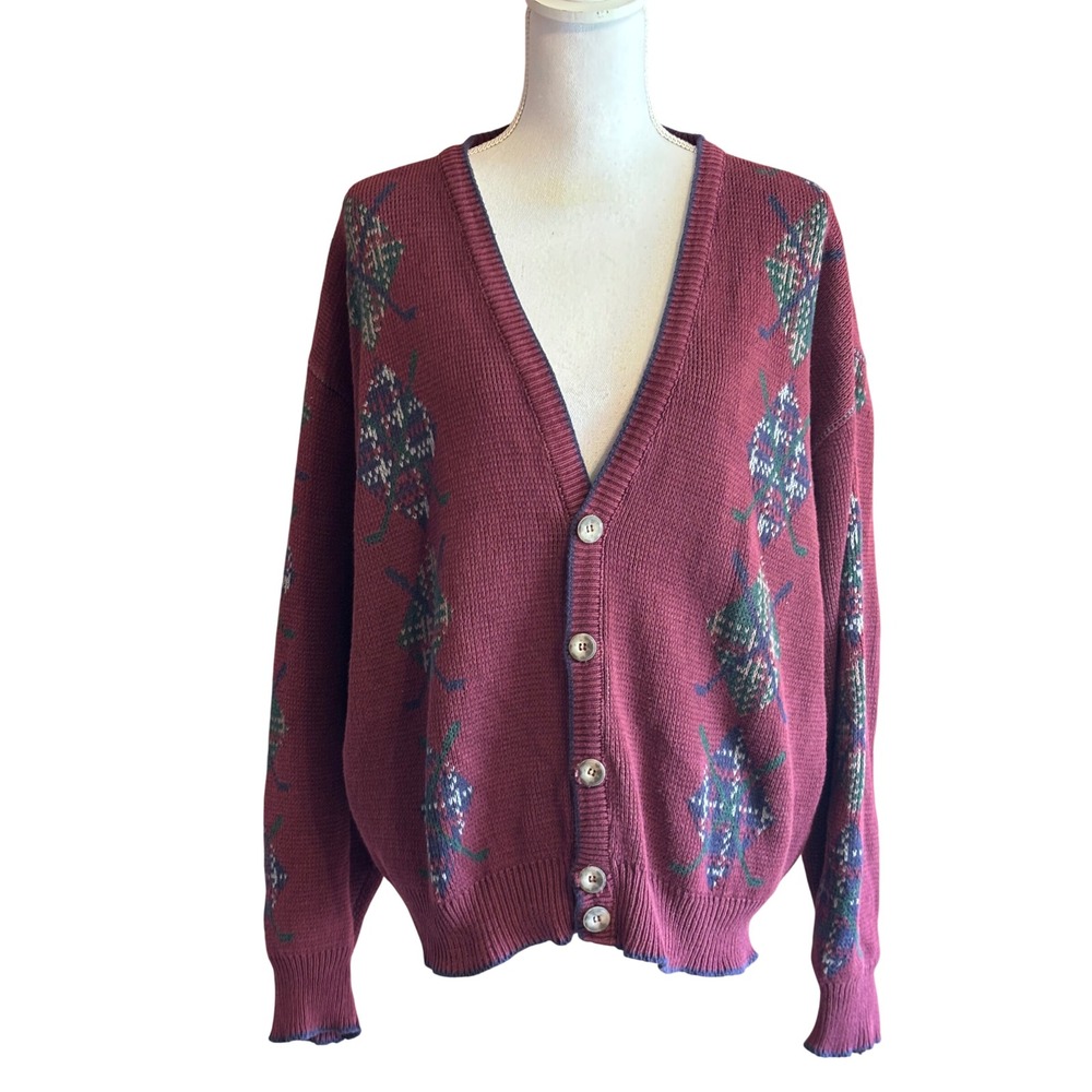 Vintage Isle of Cotton Burgundy Argyle Leaf Cardigan Mens XL Made in USA